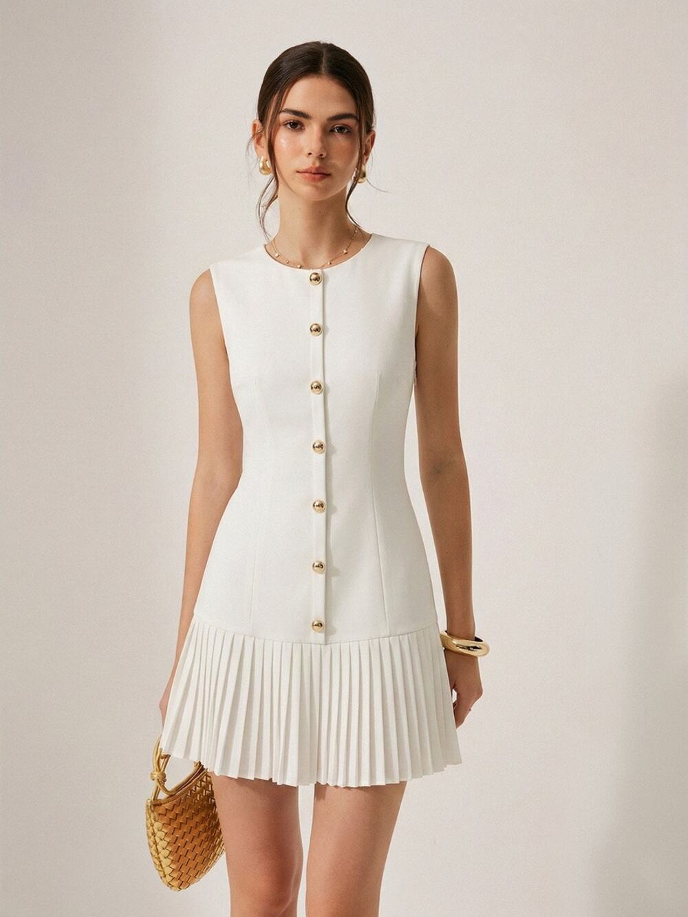 Commense S Button Front Panel Pleated Hem Mini Dress White Sleeveless NWT
